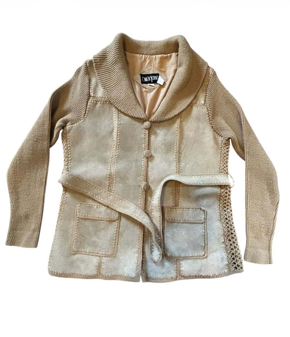 Omarjone Vintage 1970’s Suede and Knit Crochet Cardigan Jacket with Belt